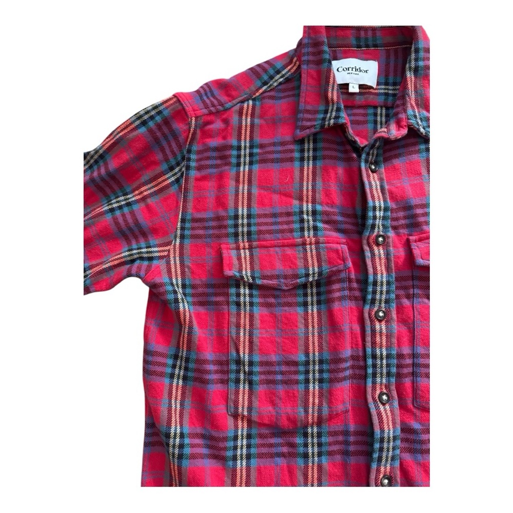 Corridor New York Men’s Red Plaid 100% Cotton Size L Long Sleeve Flannel Shirt - Picture 5 of 11